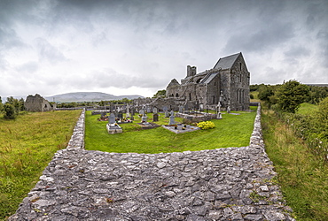 Panoramic of Corcomroe Abbey, The Burren, County Clare, Munster, Republic of Ireland, Europe