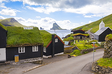 Traditional houses with grass roof, Bour, Vagar Island, Faroe Islands, Denmark, Europe