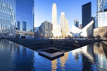 North Pool memorial fountain, Ground Zero, One World Trade Center, Lower Manhattan, New York City, United States of America, North America