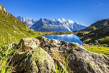 Mont Blanc range seen from Lac des Cheserys, Aiguille Vert, Haute Savoie, French Alps, France, Europe