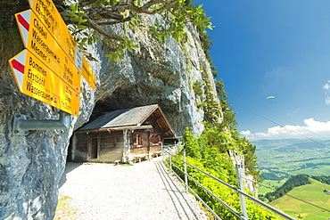 Signpost of hiking trails, Wildkirchli, Ebenalp, Appenzell Innerrhoden, Switzerland, Europe