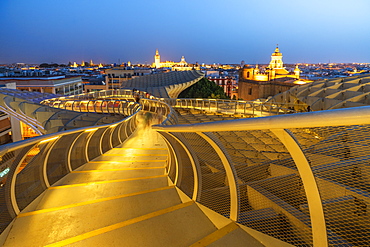 Illuminated spiral shape walkways on rooftop of the Metropol Parasol, Plaza de la Encarnacion, Seville, Andalusia, Spain, Europe