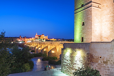 Dusk lights on Puerta del Puente and Calahorra tower (Torre de la Calahorra), gate of Islamic origin, Cordoba, UNESCO World Heritage Site, Andalusia, Spain, Europe