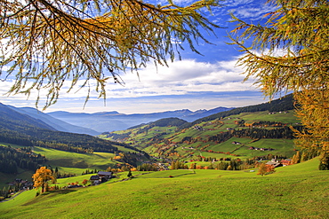 Autumn colors and view of the village of St. Magdalena with the Odle Mountains in the background, Val di Funes, South Tyrol, Italy, Europe