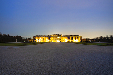 Illuminated facade of Schonbrunn Palace and Castle at dusk, UNESCO World Heritage Site, Vienna, Austria, Europe