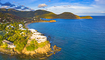 Aerial panoramic by drone of the Curtain Bluff resort overlooking the Caribbean Sea, Old Road, Antigua and Barbuda, Leeward Islands, West Indies, Caribbean, Central America