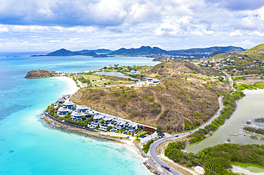 Aerial view by drone of Tamarind Hills luxury hotel ocean front and Ffryes Bay, Antigua, Antigua and Barbuda, Leeward Islands, West Indies, Caribbean, Central America