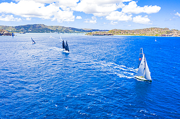 Aerial view by drone of sailing boats during a regatta, Antigua, Leeward Islands, West Indies, Caribbean, Central America