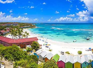 Aerial panoramic by drone of Long Bay beach washed by Caribbean Sea, Antigua, Leeward Islands, West Indies, Caribbean, Central America