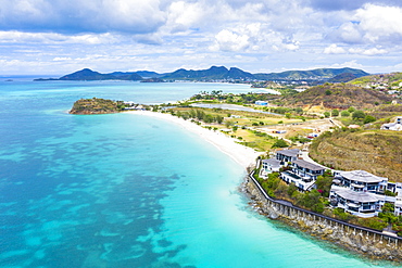 Aerial view by drone of Tamarind Hills luxury hotel ocean front and Ffryes Bay, Antigua, Antigua and Barbuda, Leeward Islands, West Indies, Caribbean, Central America