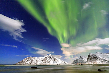 Northern Lights (aurora borealis) on Skagsanden sky, Lofoten Islands, Arctic, Norway, Scandinavia, Europe