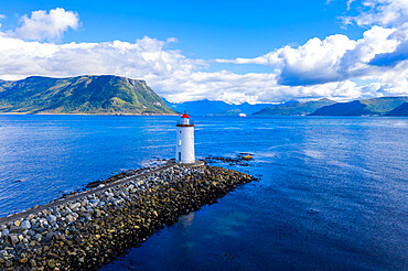 Aerial view by drone of Hogsteinen Lighthouse, Godoya Island, Alesund, More og Romsdal County, Norway, Scandinavia, Europe