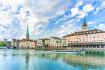 St. Peter and Fraumunster church along Limmat River, Lindenhof, Zurich, Switzerland, Europe