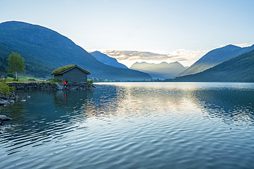 Man on water's edge admiring sunrise over the fjord, Jostedalsbreen National Park, Oppstryn, Sogn og Fjordane county, Norway, Scandinavia, Europe