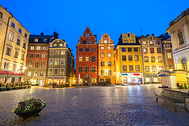 Illuminated historic buildings at dusk, Stortorget Square, Gamla Stan, Stockholm, Sweden, Scandinavia, Europe