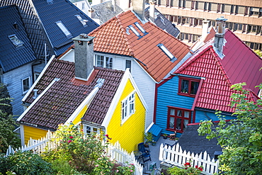 Tiled roof and colorful facades of traditional Norwegian wooden houses, Bergen city centre, Hordaland County, Norway, Scandinavia, Europe