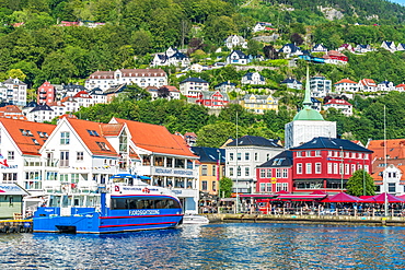 Tourist ferry moored in the harbour in the city centre of Bergen, Hordaland County, Western Fjords region, Norway, Scandinavia, Europe