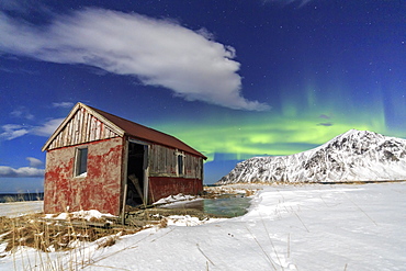 Northern Lights (aurora borealis) over an abandoned log cabin surrounded by snow and ice, Flakstad, Lofoten Islands, Arctic, Northern Norway, Norway, Scandinavia, Europe