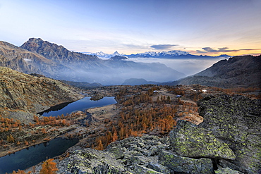 Sunrise on Matterhorn and Mount Rosa, Natural Park of Mont Avic, Valle d'Aosta, Graian Alps, Italy, Europe