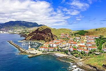 Aerial view of Quinta do Lorde resort hotel and harbor, Canical, Madeira island, Portugal, Atlantic, Europe