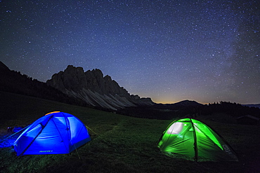 Camping under the stars, Malga Zannes, Funes Valley, South Tyrol, Dolomites, Italy, Europe