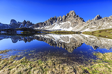 Mount Paterno reflected in Laghi dei Piani, Sesto, Dolomites, Trentino-Alto Adige, Italy, Europe