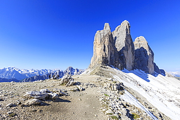 View of the Three Peaks of Lavaredo on a summer day, Sesto, Dolomites, Trentino-Alto Adige, Italy, Europe