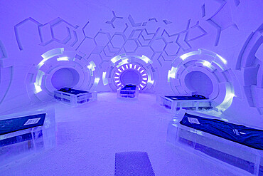 Beds in capsules in an ice hotel room representing a space ship, Lainio Snow Village, Kittila, Lapland, Finland