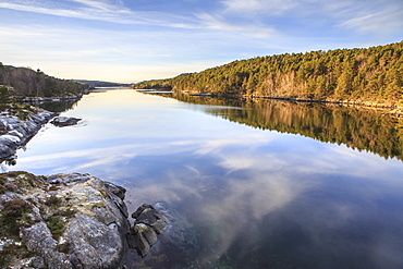 Woods reflected in the calm waters, Hitra Island, Trondelag, Norway, Scandinavia, Europe