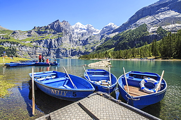 Boat trip around Lake Oeschinensee, Bernese Oberland, Kandersteg, Canton of Bern, Switzerland, Europe