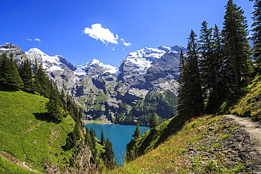 Summer view of Lake Oeschinensee, Bernese Oberland, Kandersteg, Canton of Bern, Switzerland, Europe