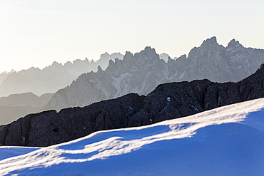 Dawn lights frames Cadini of Misurina. Dolomites. Auronzo of Cadore. Veneto. Italy. Europe