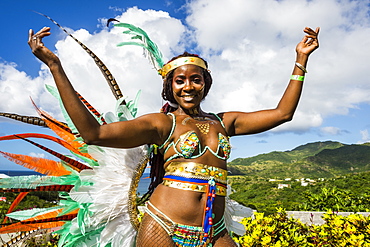 Dressed up girl at the Carnival of Montserrat, British Overseas Territory, West Indies, Caribbean, Central America