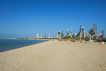 Shuwaikh beach and skyline of Kuwait City, Kuwait, Middle East