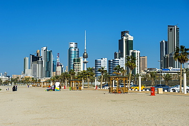 Shuwaikh beach and skyline of Kuwait City, Kuwait, Middle East