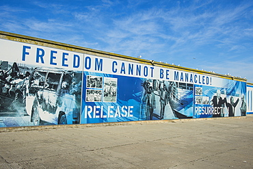 Freedom posters in the harbour of Robben Island, UNESCO World Heritage Site, South Africa, Africa