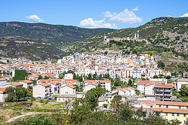 View over the town of Bosa at the River Temo, Sardinia, Italy, Europe