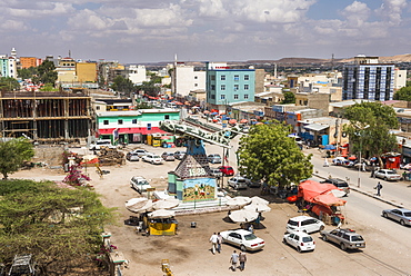 View over Hargeisa with an old MIG airplane in the center, Somaliland, Somalia, Africa