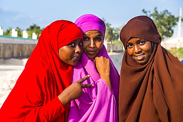 Colourfully dressed Muslim women in the coastal town of Berbera, Somaliland, Somalia, Africa