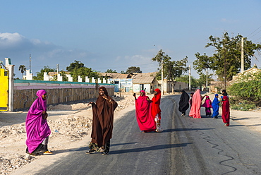 Colourfully dressed Muslim women in the coastal town of Berbera, Somaliland, Somalia, Africa