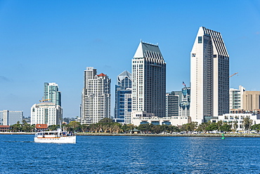 Little tourist cruise ship with the skyline in the background, Harbour of San Diego, California, United States of America, North America