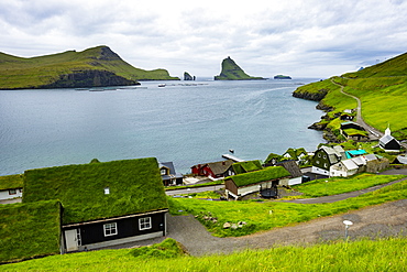 Bour village with many grasstop roofs, Vagar, Faroe Islands, Denmark, Europe