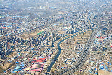 Aerial of the landscape and an industrial settlement around Bejing, China, Asia