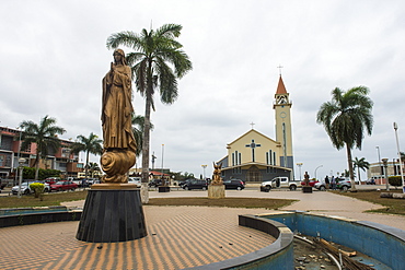 Statue of Mary in front of the Tchiowa Church in the town centre of Cabinda, Angola, Africa