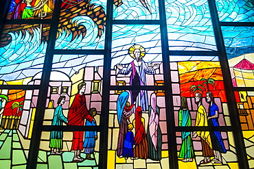 Stained glass in the interior of St. Paul's Cathedral, Abidjan, Ivory Coast, West Africa, Africa