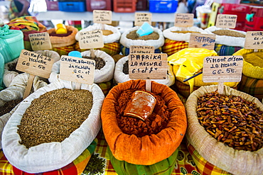 Spices for sale on the covered Spice market, Pointe-a-Pitre, Guadeloupe, French Overseas Department, West Indies, Caribbean, Central America