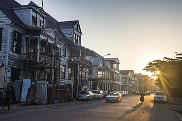 Colonial wooden buildings at sunrise, UNESCO World Heritage Site, Paramaribo, Surinam, South America