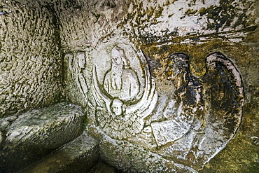 Wall carving in the Rock Monastery St. Dimitar Basarbovski dating from the 12th century, UNESCO World Heritage Site, Ivanavo, Bulgaria, Europe