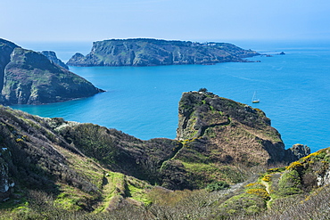 View over the east coast of Sark and the island Brecqhou, Channel Islands, United Kingdom, Europe