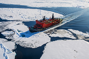 Aerial of the Icebreaker '50 years of victory' on its way to the North Pole, Arctic